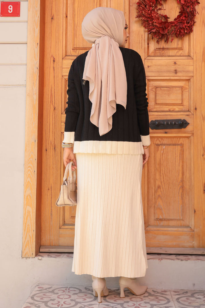 Black and Cream Sweater & Skirt Set - Urban Modesty