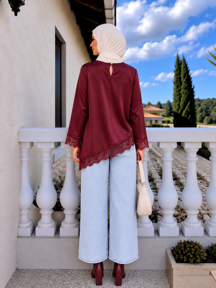Maroon Satin Asymmetrical Shirt Top