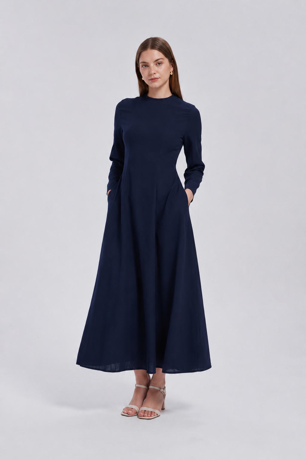 Navy Linen Lace Up Maxi Dress