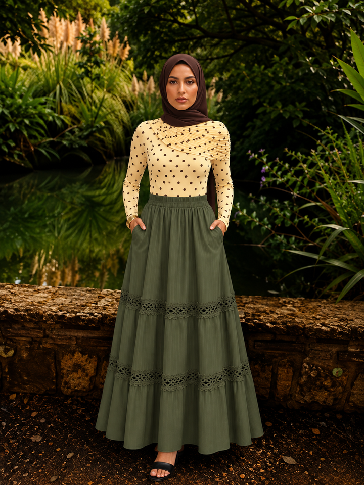 Olive Lace Tiered Maxi Skirt