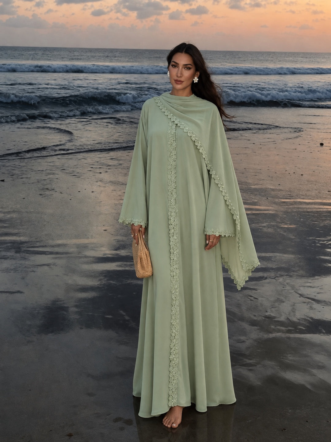 Woman wearing Green Floral Trim Open Abaya and Hijab Set by Urban Modesty