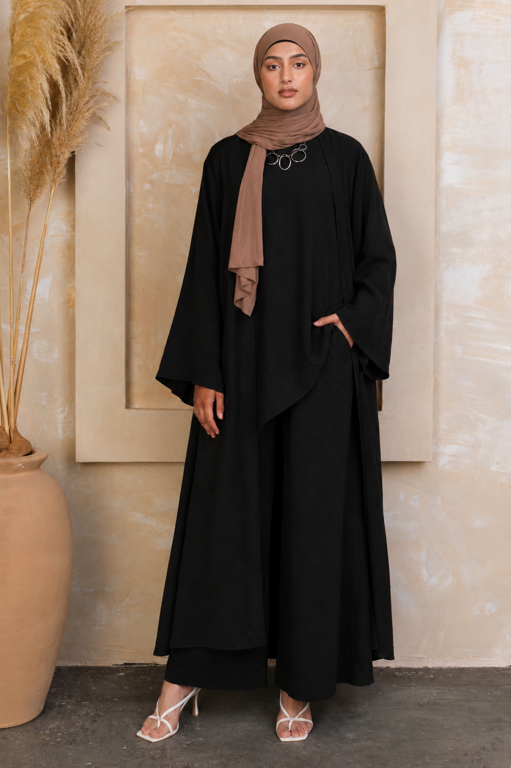 Black Three Piece Pants Abaya Set