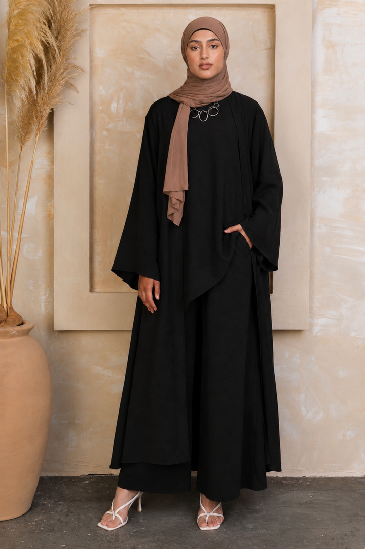 Black Three Piece Pants Abaya Set