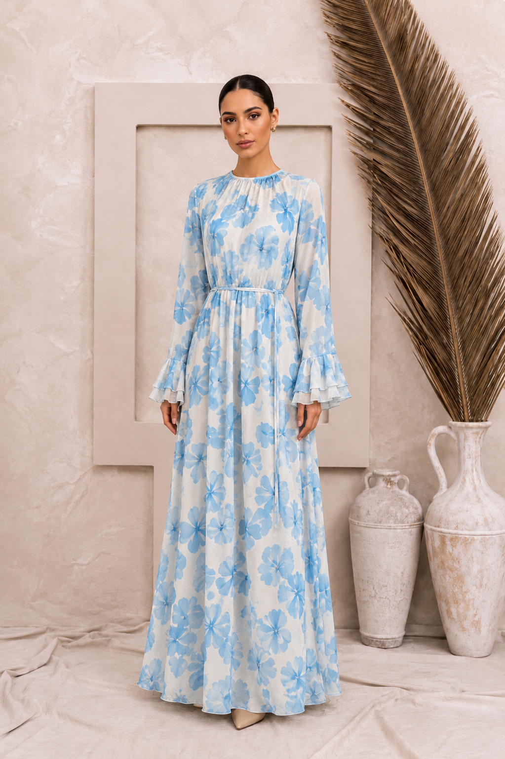 White and Blue Floral Chiffon Maxi Dress
