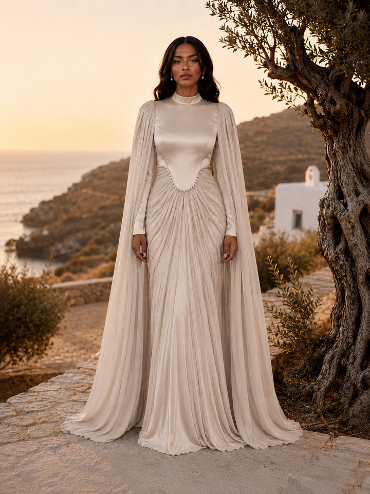 Beige Rhinestone Cape Gown