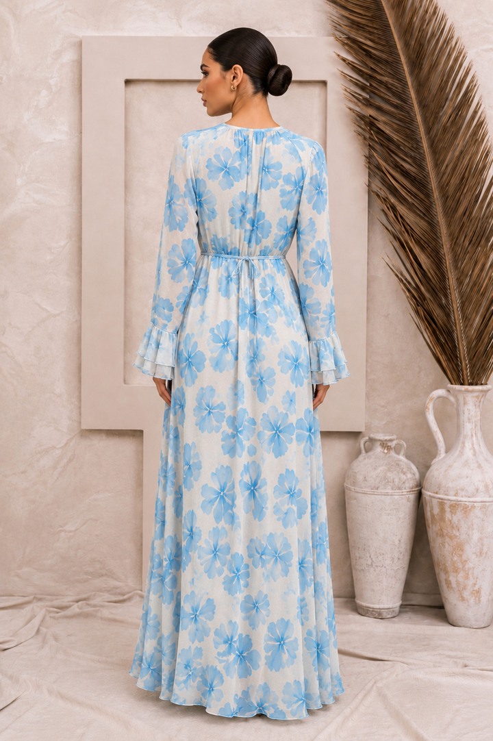 White and Blue Floral Chiffon Maxi Dress