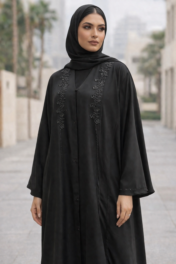 Black Embroidered And Crystal Embellishments Abaya
