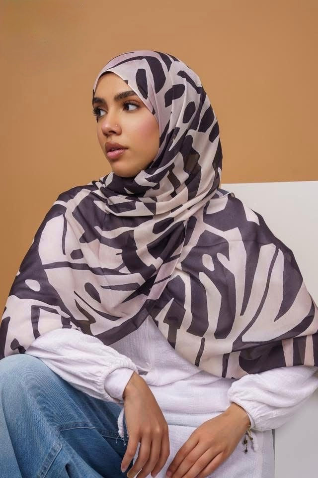 Beige Striped Printed Chiffon Hijab