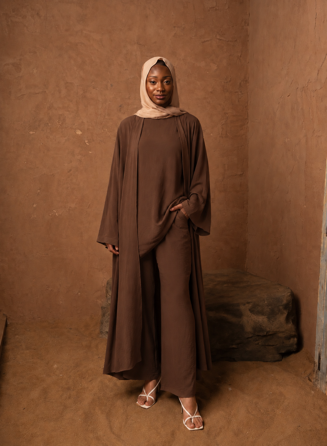 Brown Three Piece Pants Abaya Set