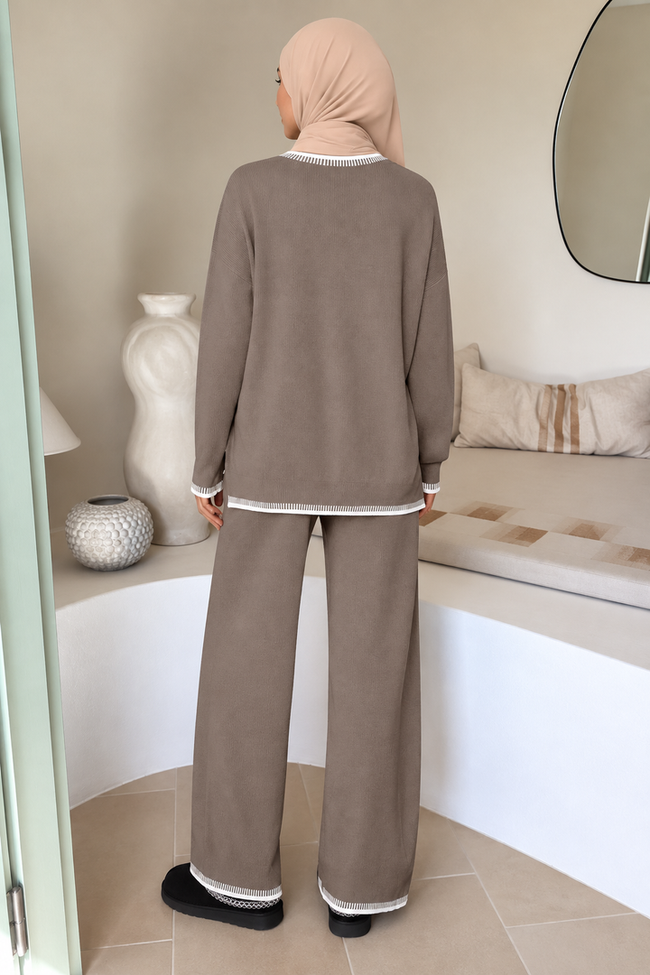 Taupe and White Trim Sweater and Pant Set