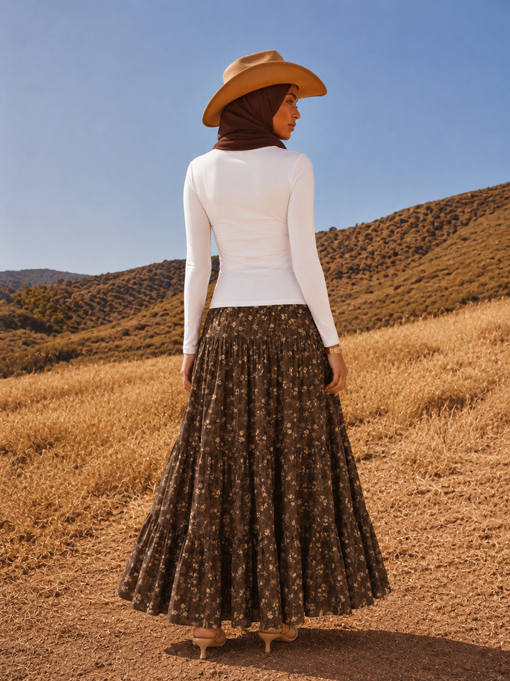 Brown Daisy Tiered Maxi Skirt
