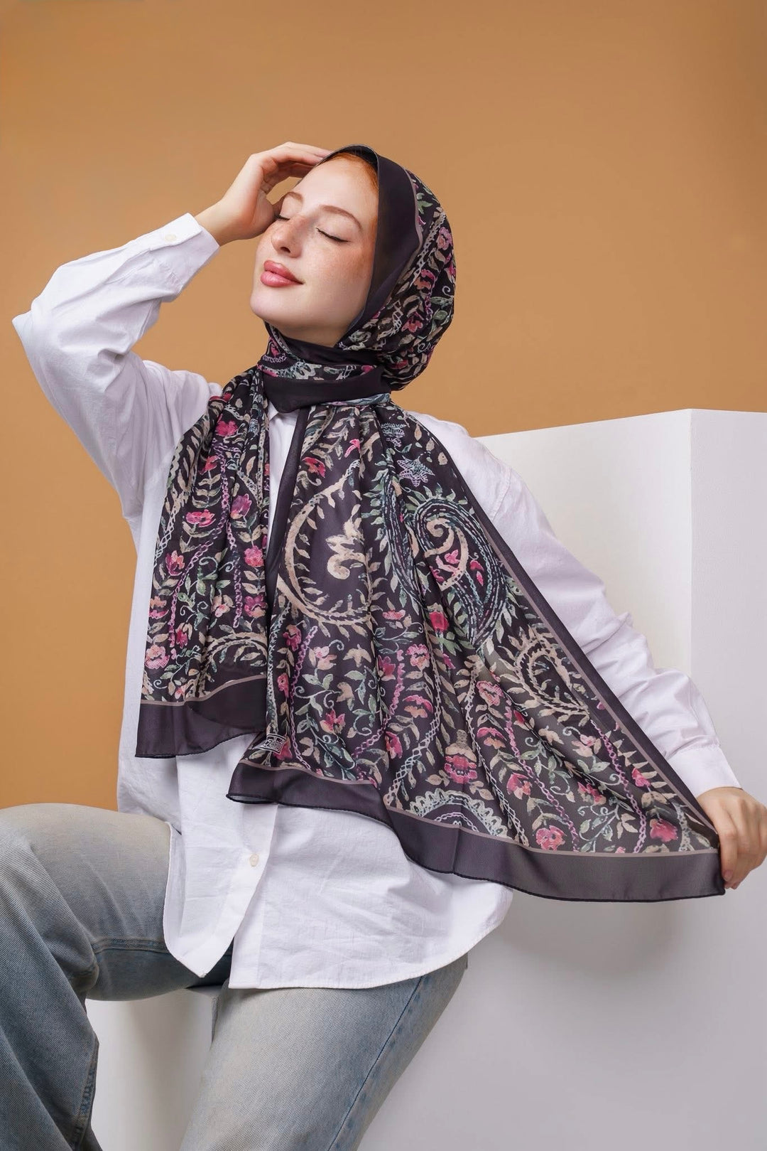 Black Leaf Printed  Chiffon Hijab