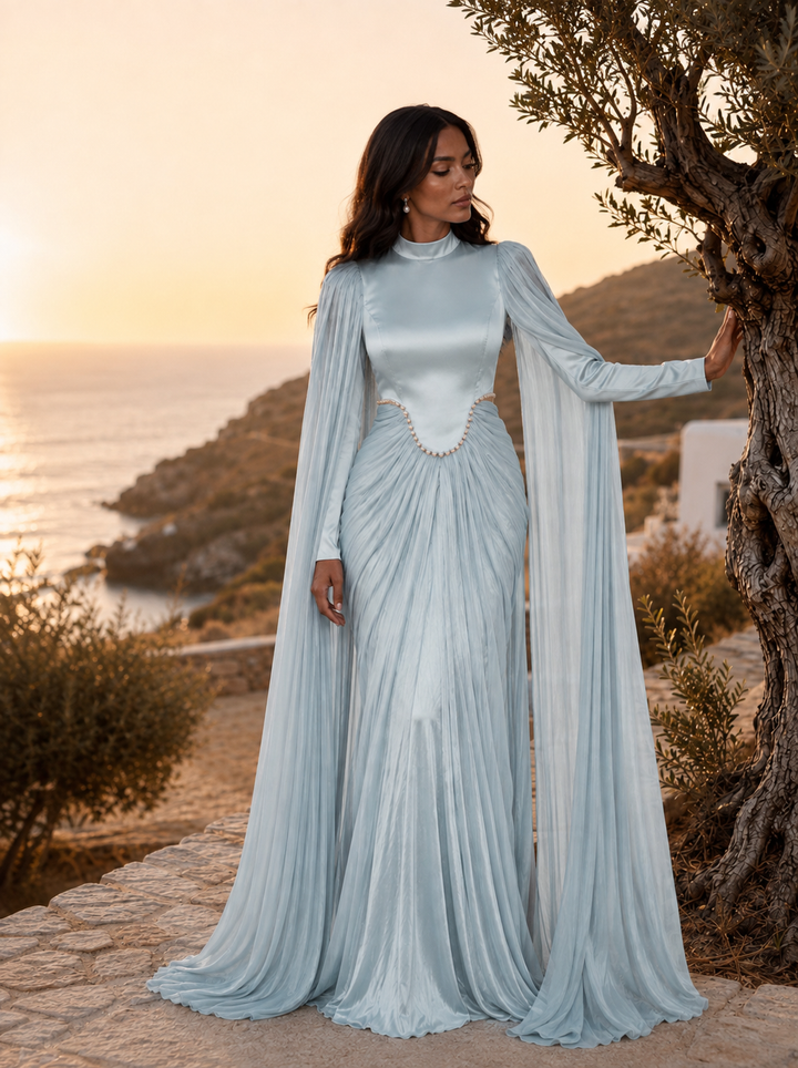 Mint Rhinestone Cape Gown