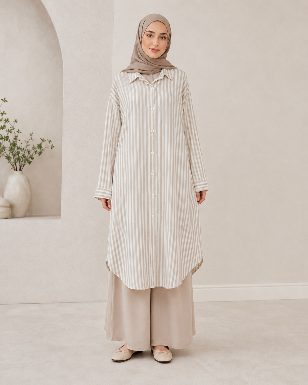 Beige Striped Button Down Maxi Shirt Dress