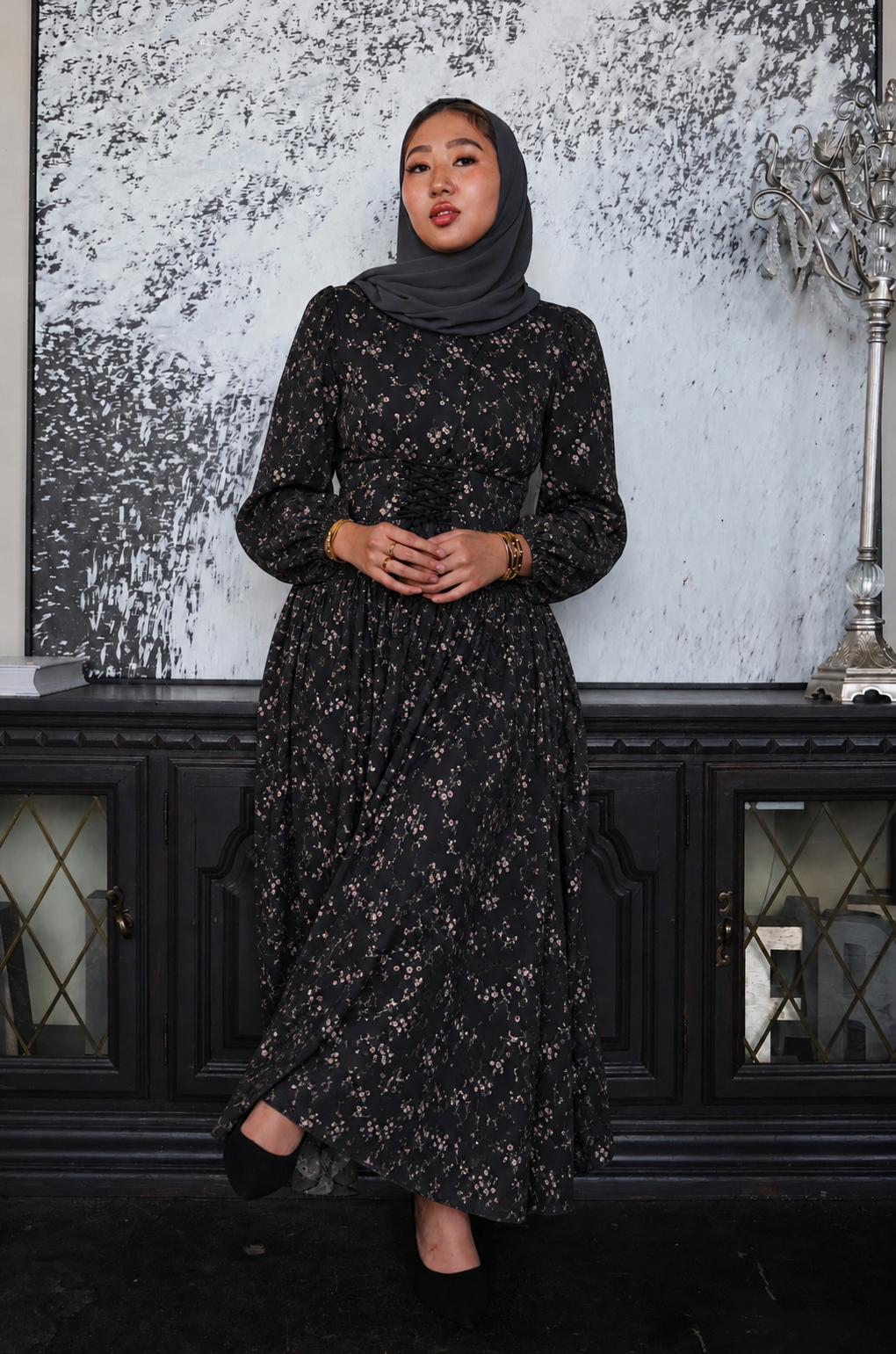 Black Floral Print Maxi Dress