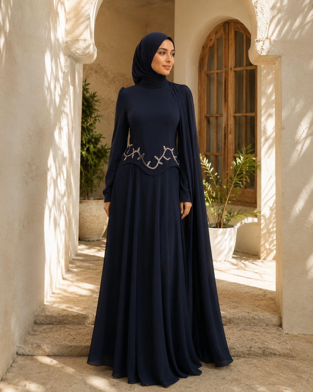 Navy Blue Long Sleeve Maxi Gown