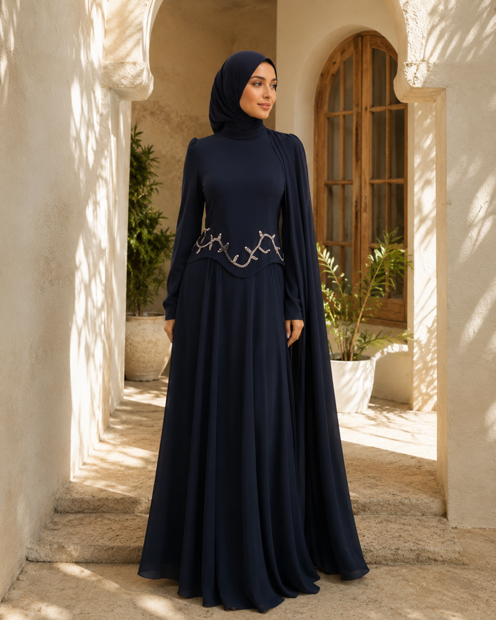 Navy Blue Long Sleeve Maxi Gown