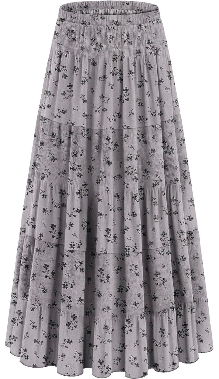 Gray Floral Tiered Maxi Skirt