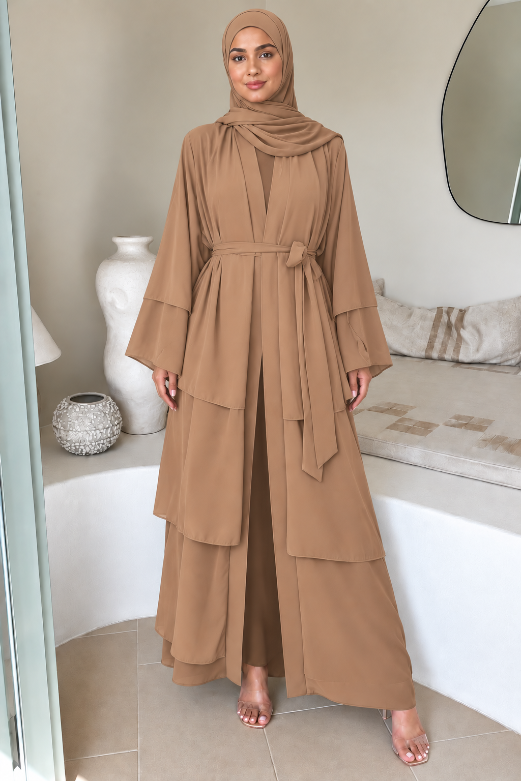 Coffee Tiered Open Abaya and Hijab Set