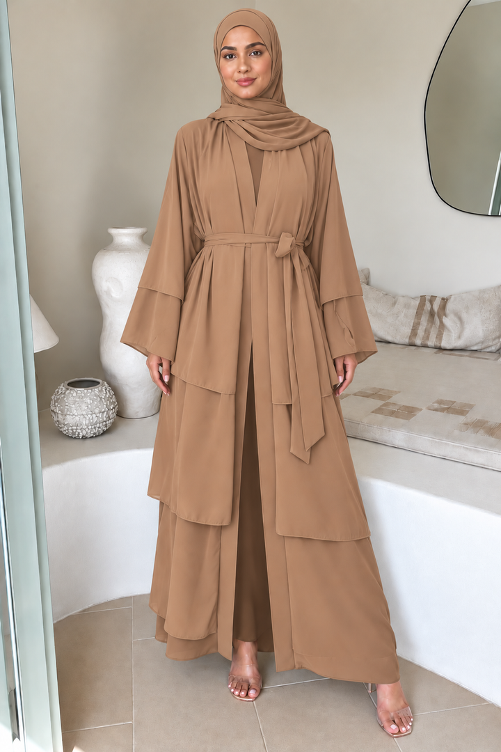 Coffee Tiered Open Abaya and Hijab Set