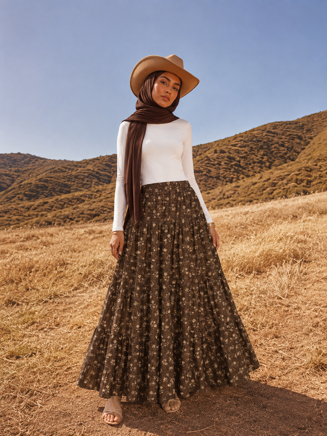 Brown Daisy Tiered Maxi Skirt
