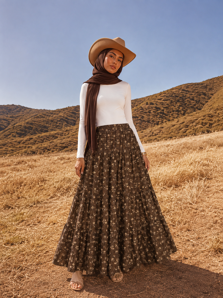 Brown Daisy Tiered Maxi Skirt