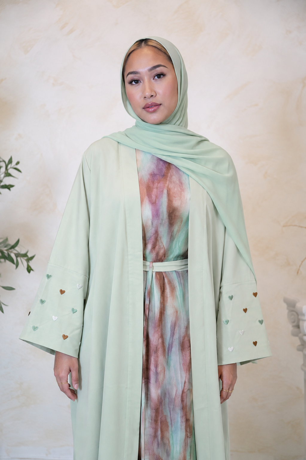 Green Heart Moon Embroidered Open Front Abaya