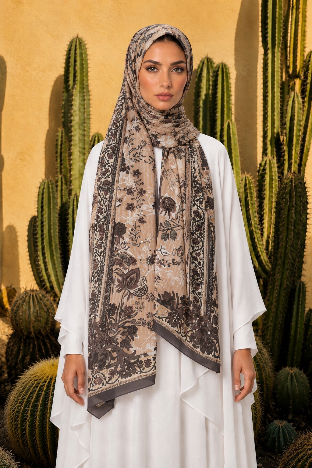 Brown Floral Printed Chiffon Hijab
