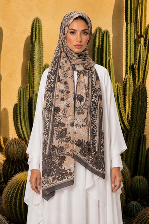 Brown Floral Printed Chiffon Hijab