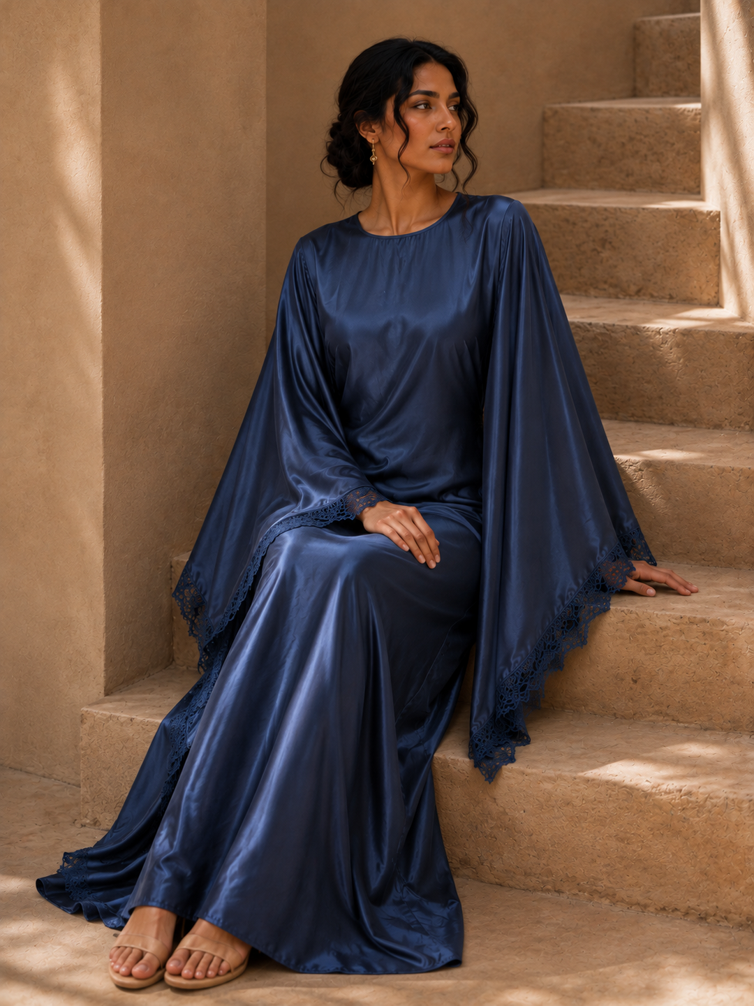 Blue Satin Lace Butterfly Kaftan