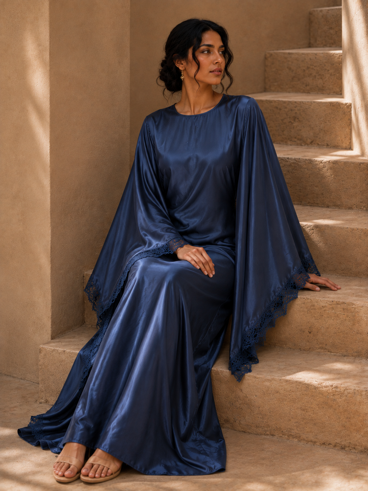 Blue Satin Lace Butterfly Kaftan