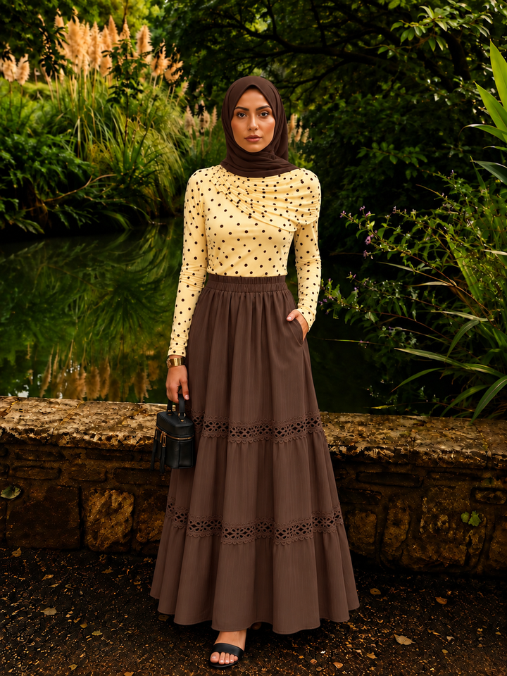 Brown Lace Tiered Maxi Skirt