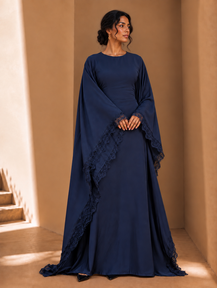 Blue Satin Lace Butterfly Abaya