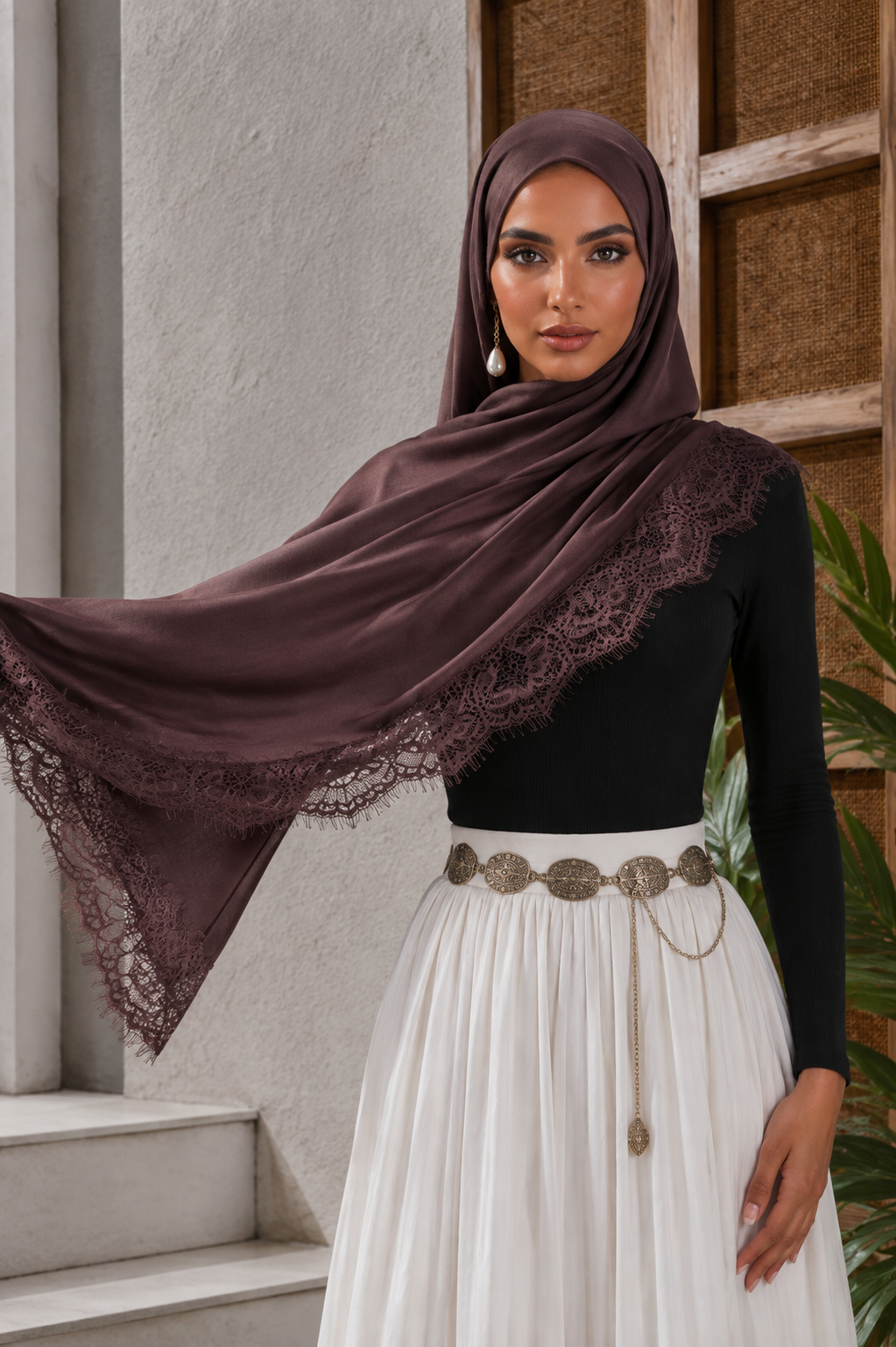 Chocolate Brown Lace Trim Modal Hijab