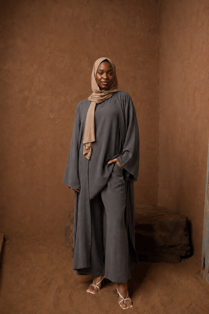 Gray Three Piece Pants Abaya Set
