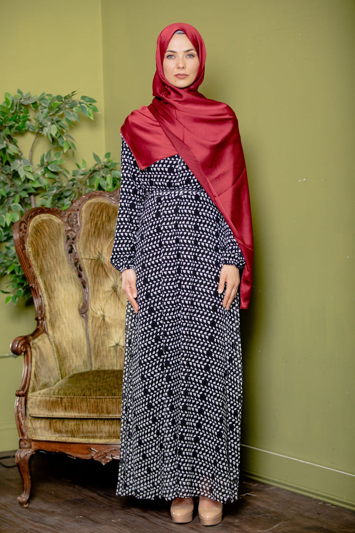 Abstract Chiffon Long Sleeve Maxi Dress - Clearance