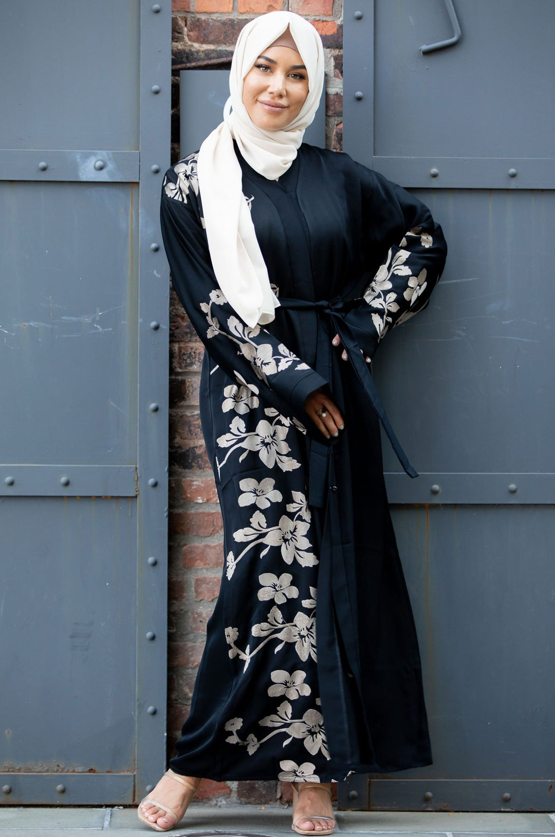 Alayiah Gold Floral Embroidery Open Front Abaya