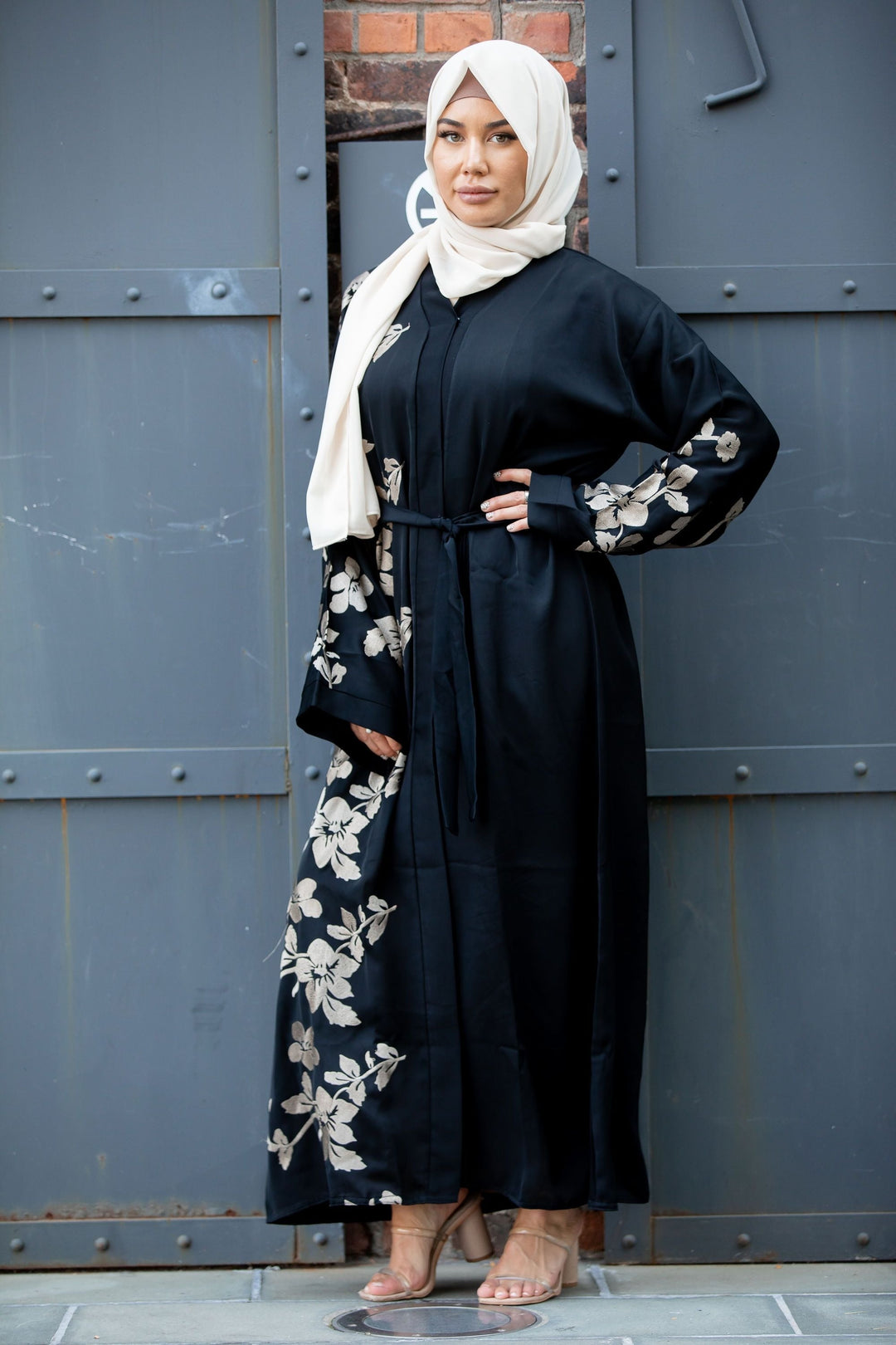 Alayiah Gold Floral Embroidery Open Front Abaya