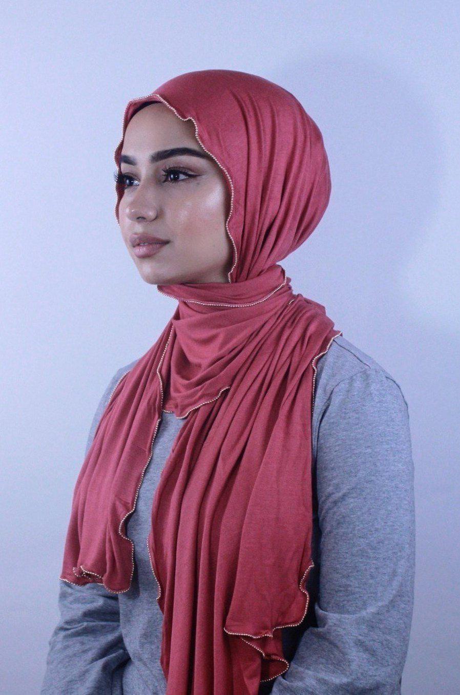 Apricot Jersey Solid With Beaded Trim Hijab