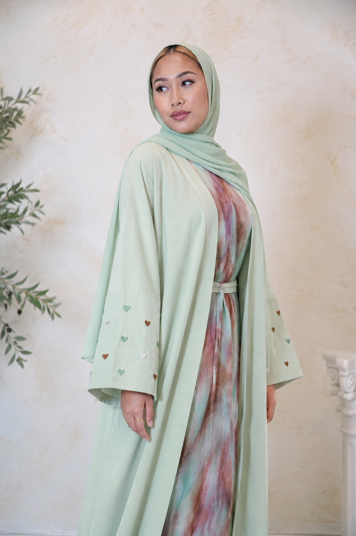 Green Heart Moon Embroidered Open Front Abaya