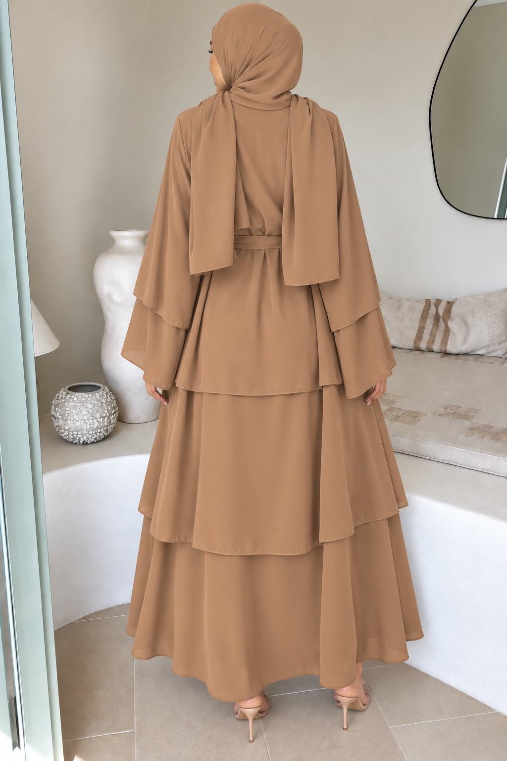 Coffee Tiered Open Abaya and Hijab Set