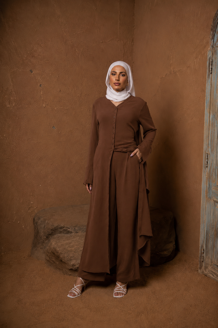 Brown Longline Abaya & Pants Set
