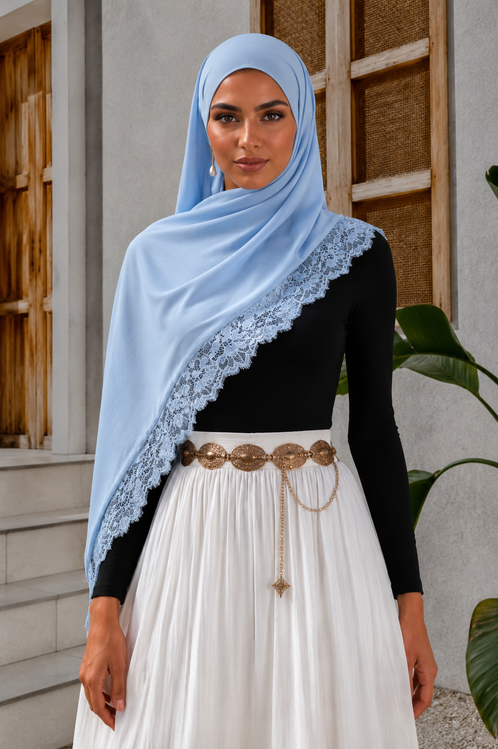 Icy Blue Lace Trim Modal Hijab
