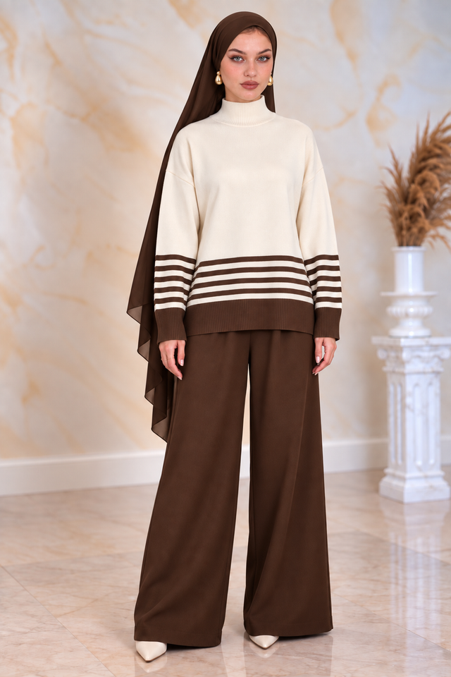 Cream and Brown Knit and Pant Set