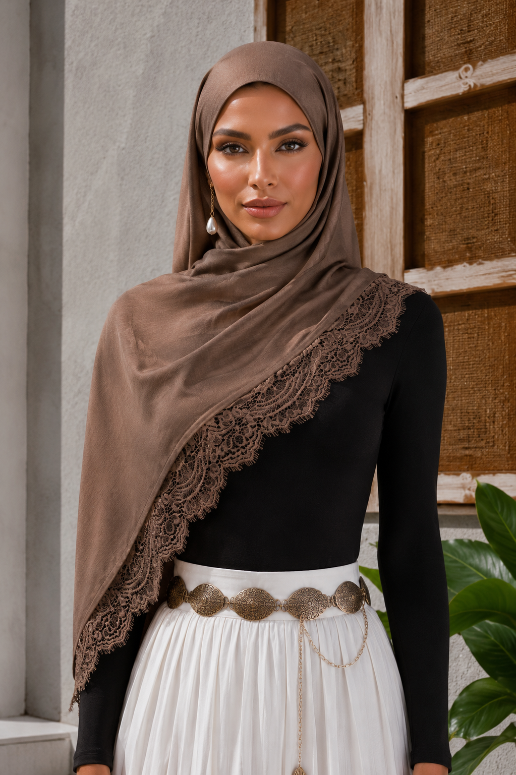 Brown Lace Trim Modal Hijab