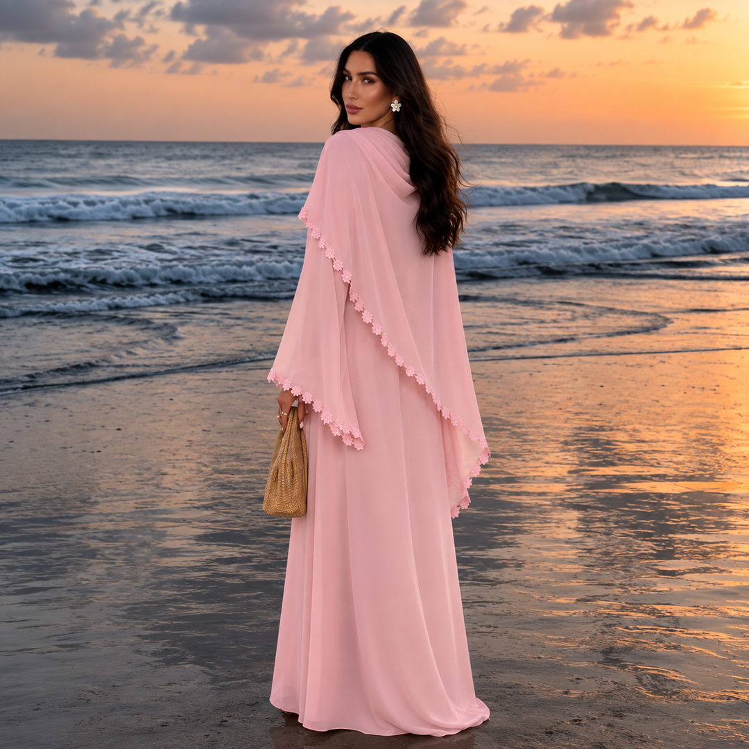 Pink Floral Trim Open Abaya and Hijab Set