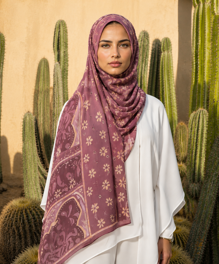 Maroon and Gold  Printed Chiffon Hijab