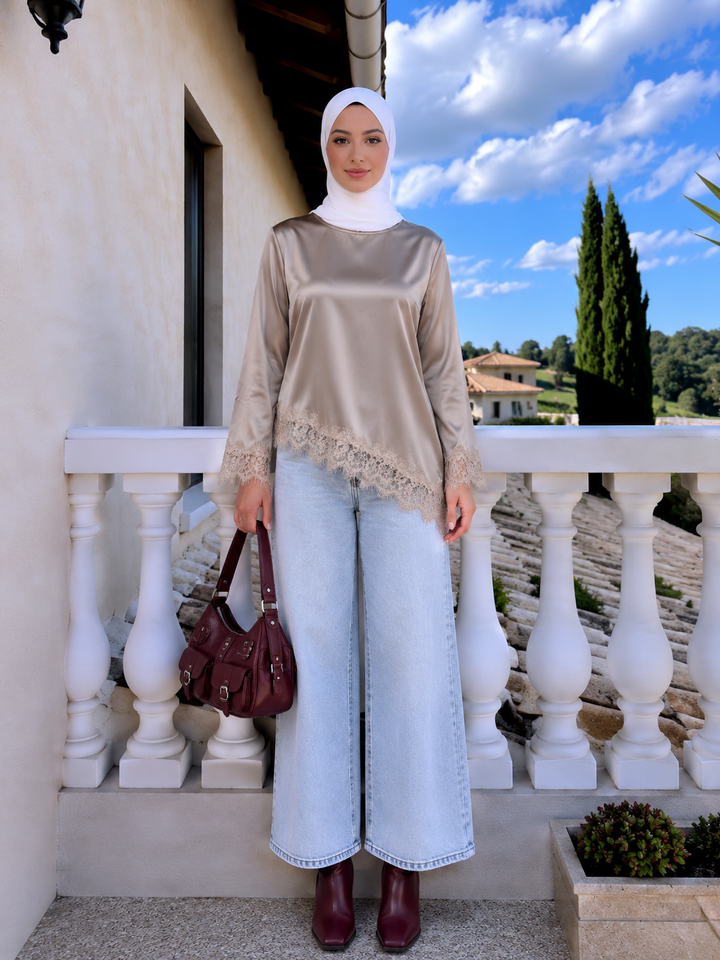 Beige Satin Asymmetrical Shirt Top