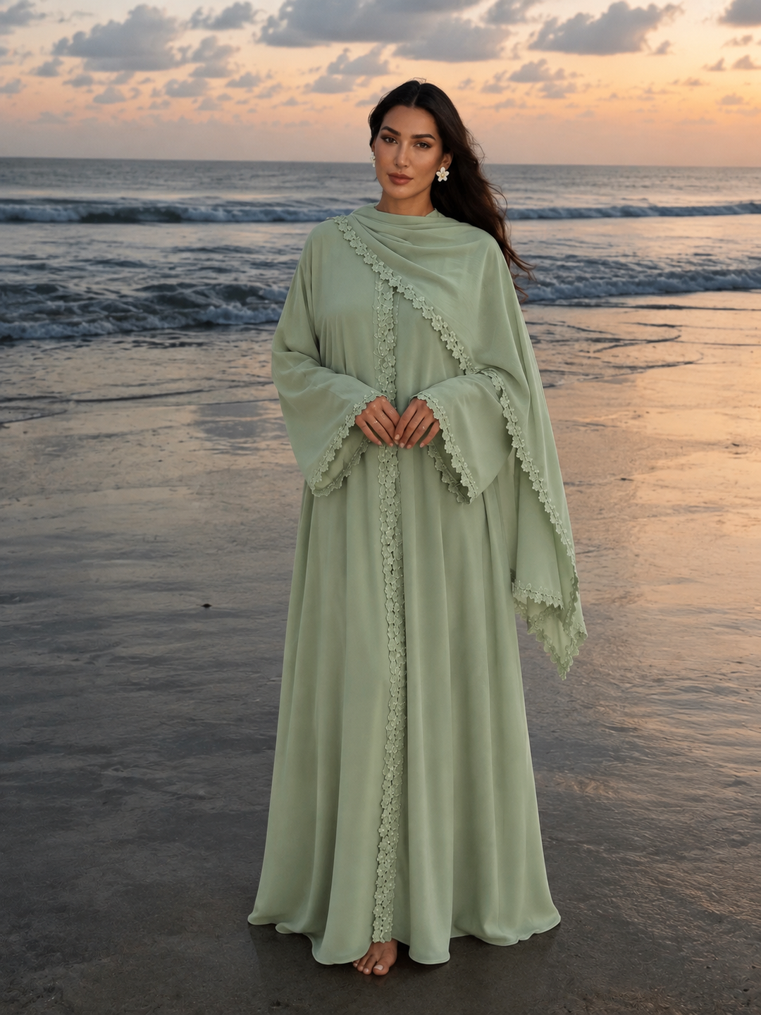 Green Floral Trim Open Abaya and Hijab Set