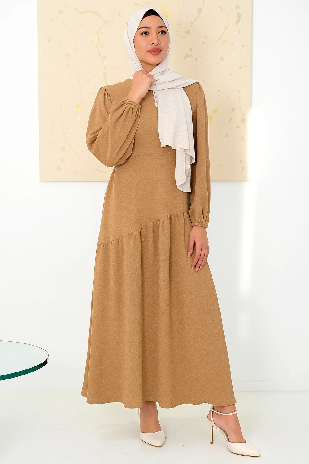 Beige Asymmetrical Hem Maxi Dress – Urban Modesty